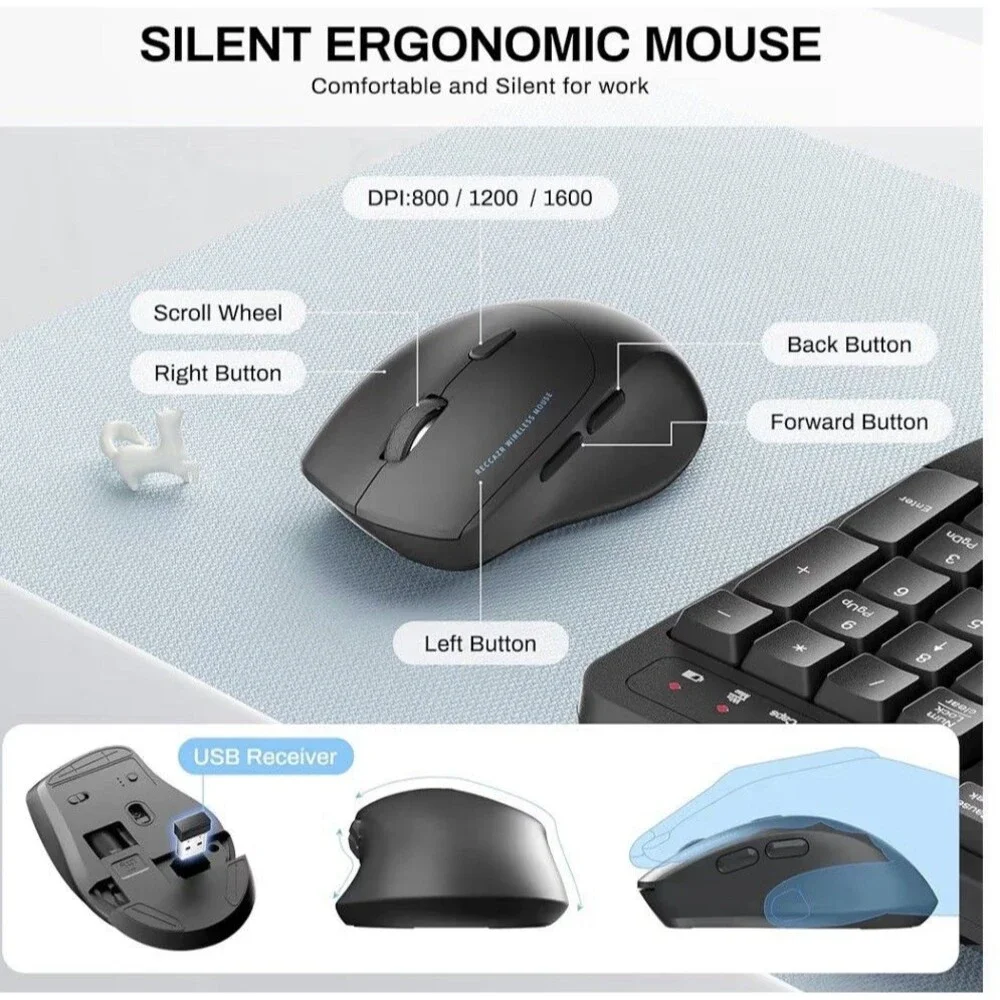 Wireless Keyboard and Mouse Combo,2.4G Full Size Wave Keys Ergonomic Keyboard